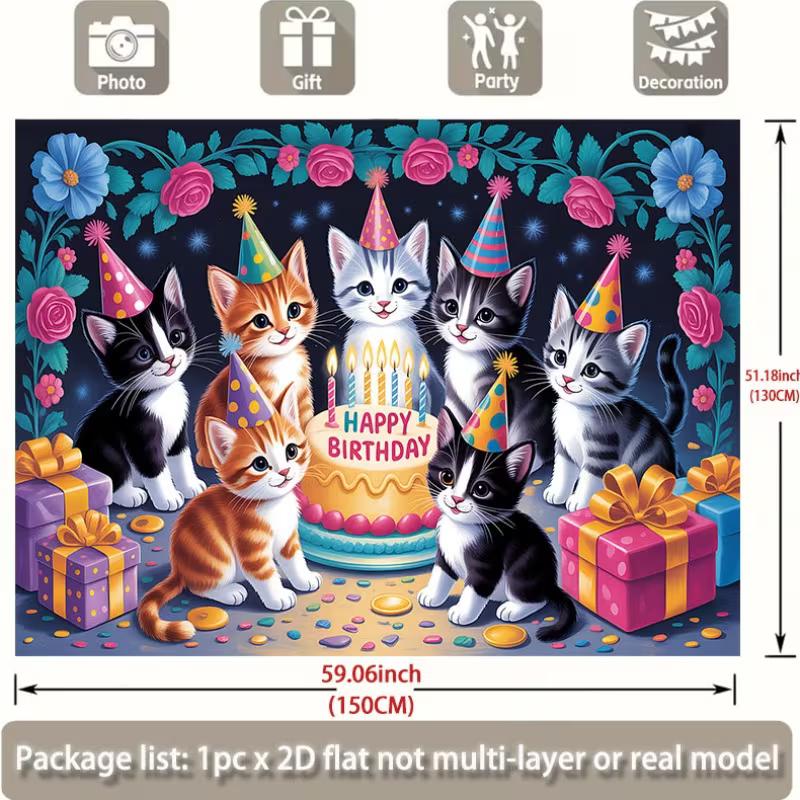 2D Cat Themed Happy Birthday Backdrop for Kids Birthday Party Decoration