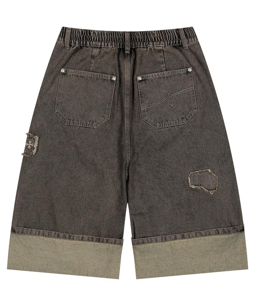 XTONZ Xp284 Boro Patchwork Bermuda Denim Pants (Brown)