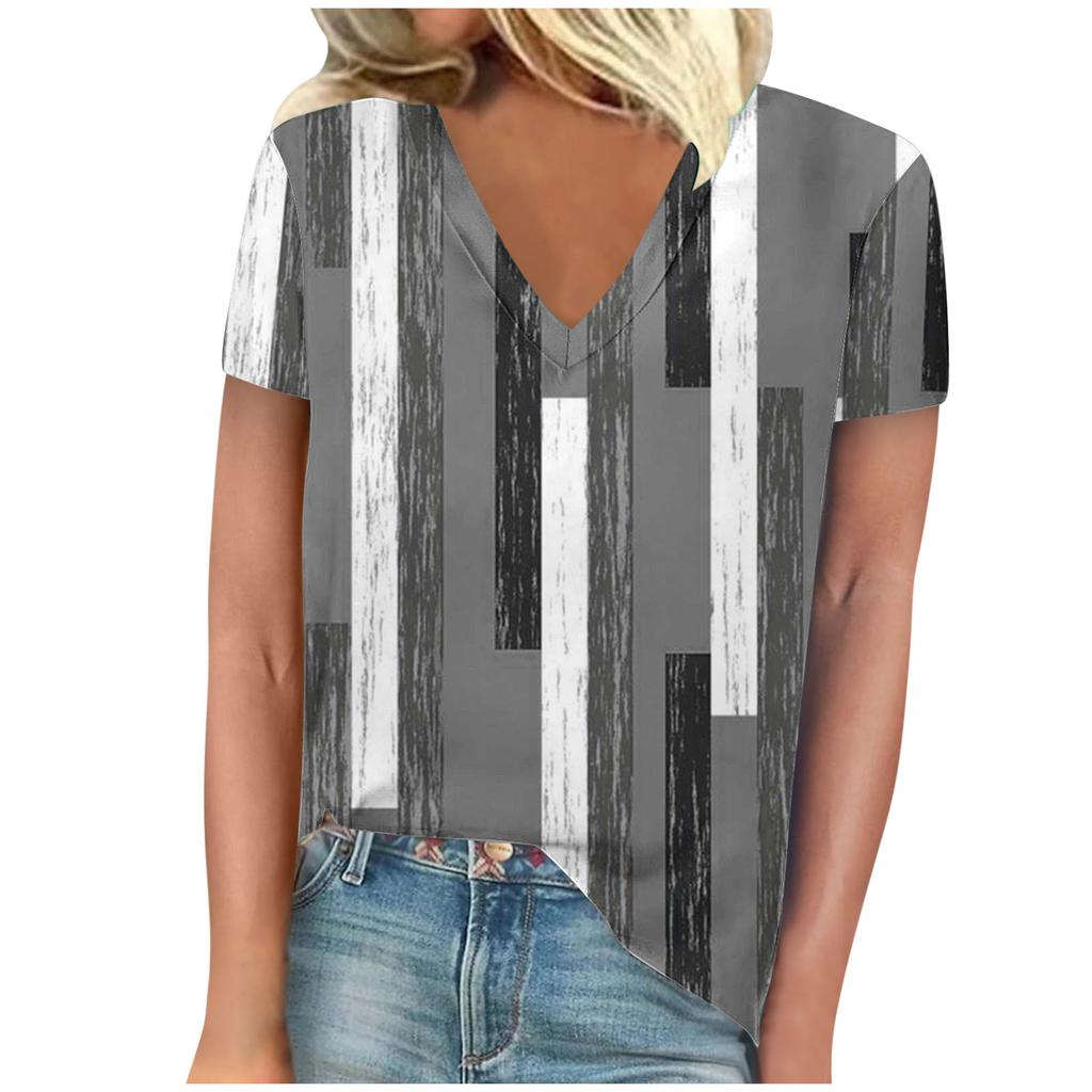 Summer V-neck 3D Stripe Printed Top Fashionable Casual Short Sleeved Women's T-shirts