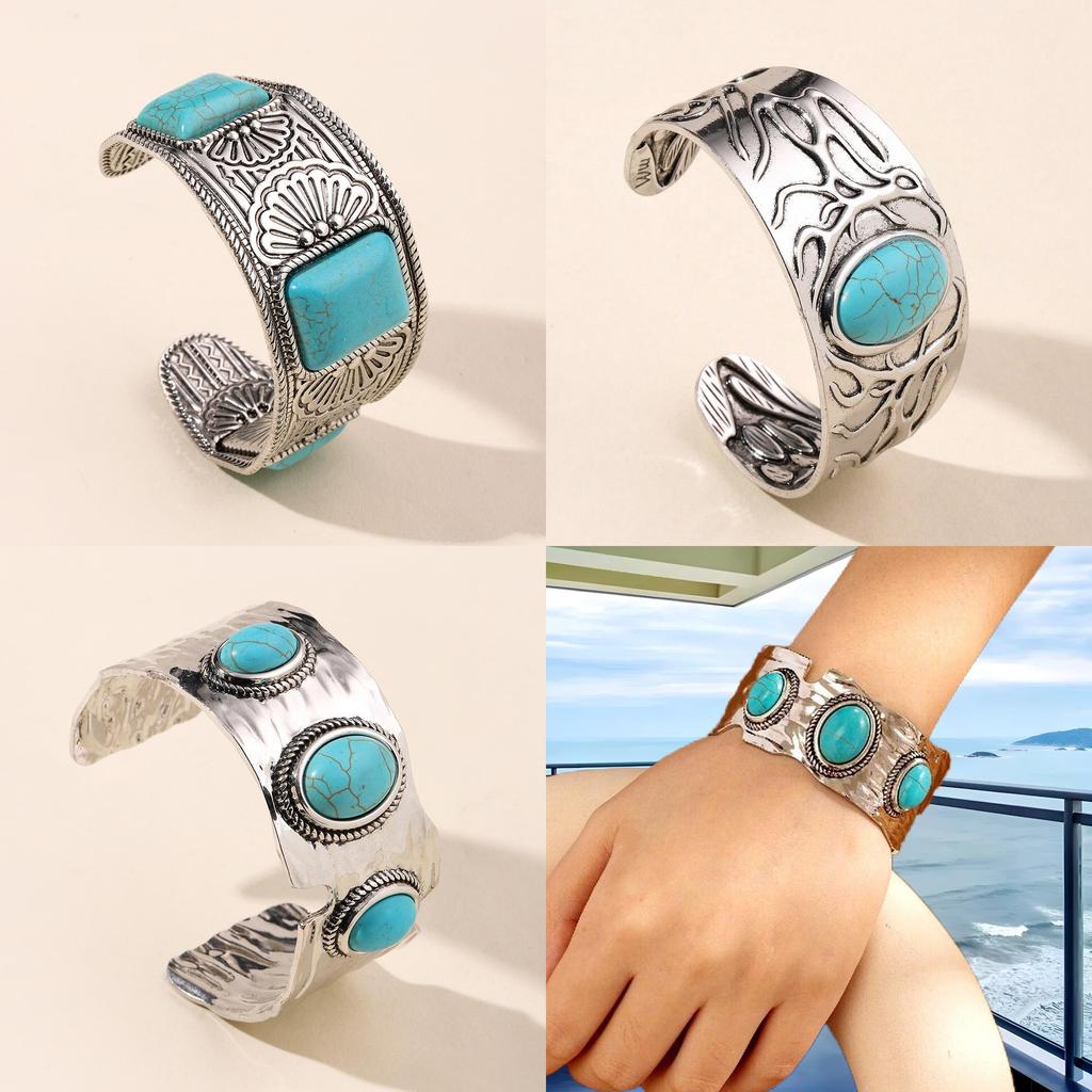 Ethnic Style Alloy Hand Jewelry With Turquoise Open Wide Bracelet For Women