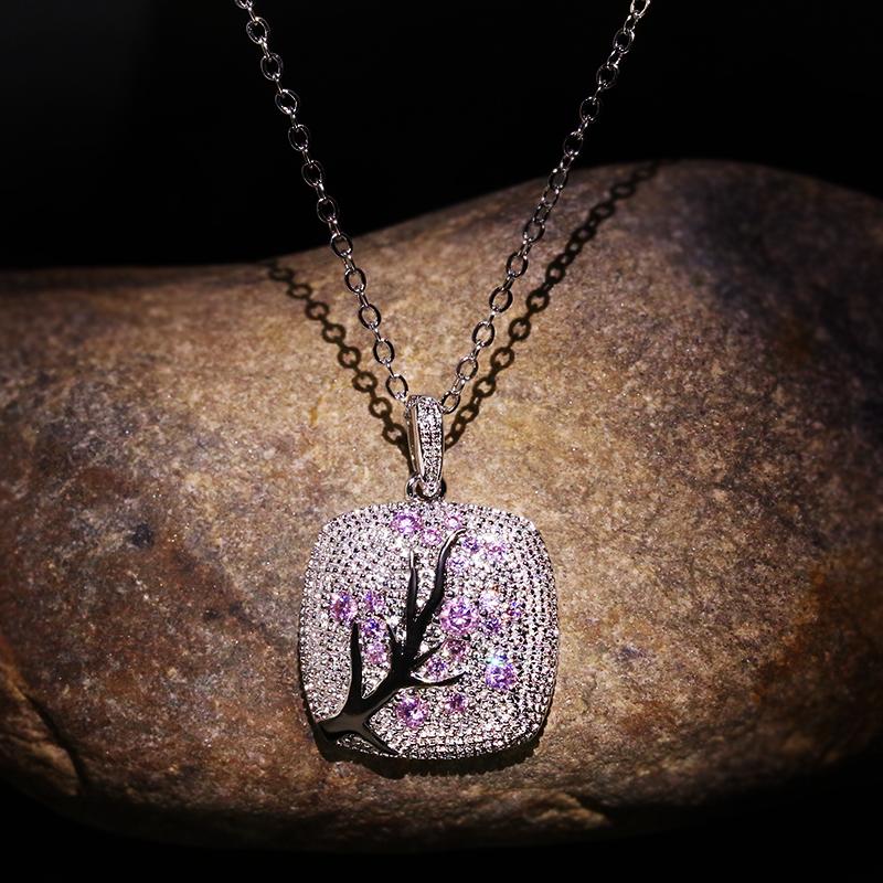 Colorful Zircon Leaves Branch Pendant For Women Branch Sparkling Pink Cherry Tree CZ Delicate Fashion Necklace Jewelry