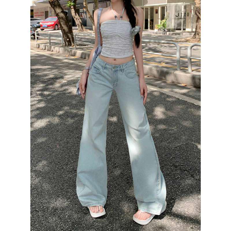 Retro Low-Rise Light Blue Loose Slimming Straight-Leg Jeans with Extended Length M