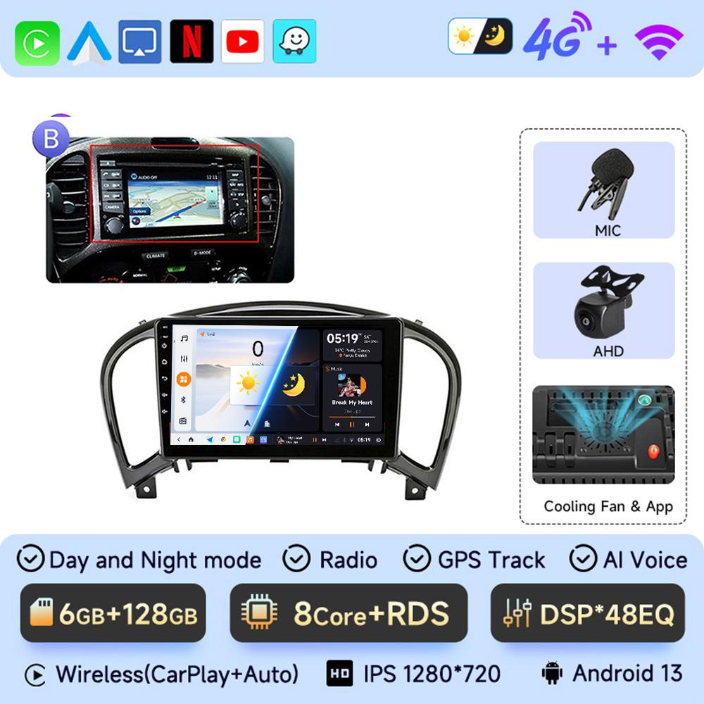 JIUYIN Android 13 Wireless CarPlay Android Auto Radio for Nissan Juke YF15 2010 2011 2012-2014 4G Car Multimedia GPS 2din