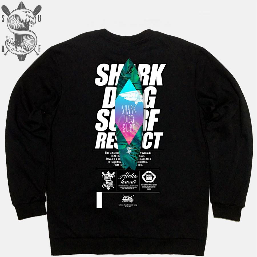 DOLDOL Shark Dog_Mtm-125 Shark Dog Surfing Hawaii Character Graphic Graffiti Design Sweatshirt Long Sleeve