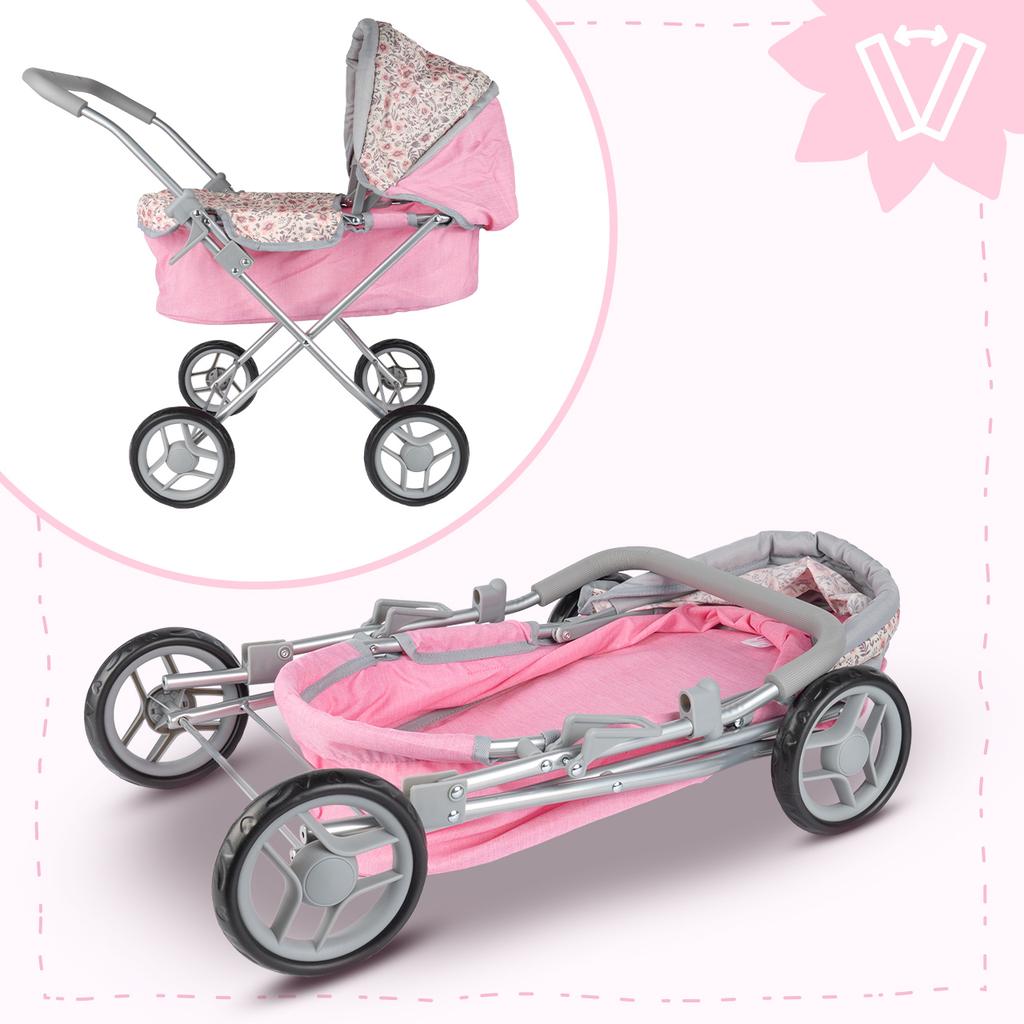 Pink Flowers Foldable Doll Pram Gondola Stroller With Bag