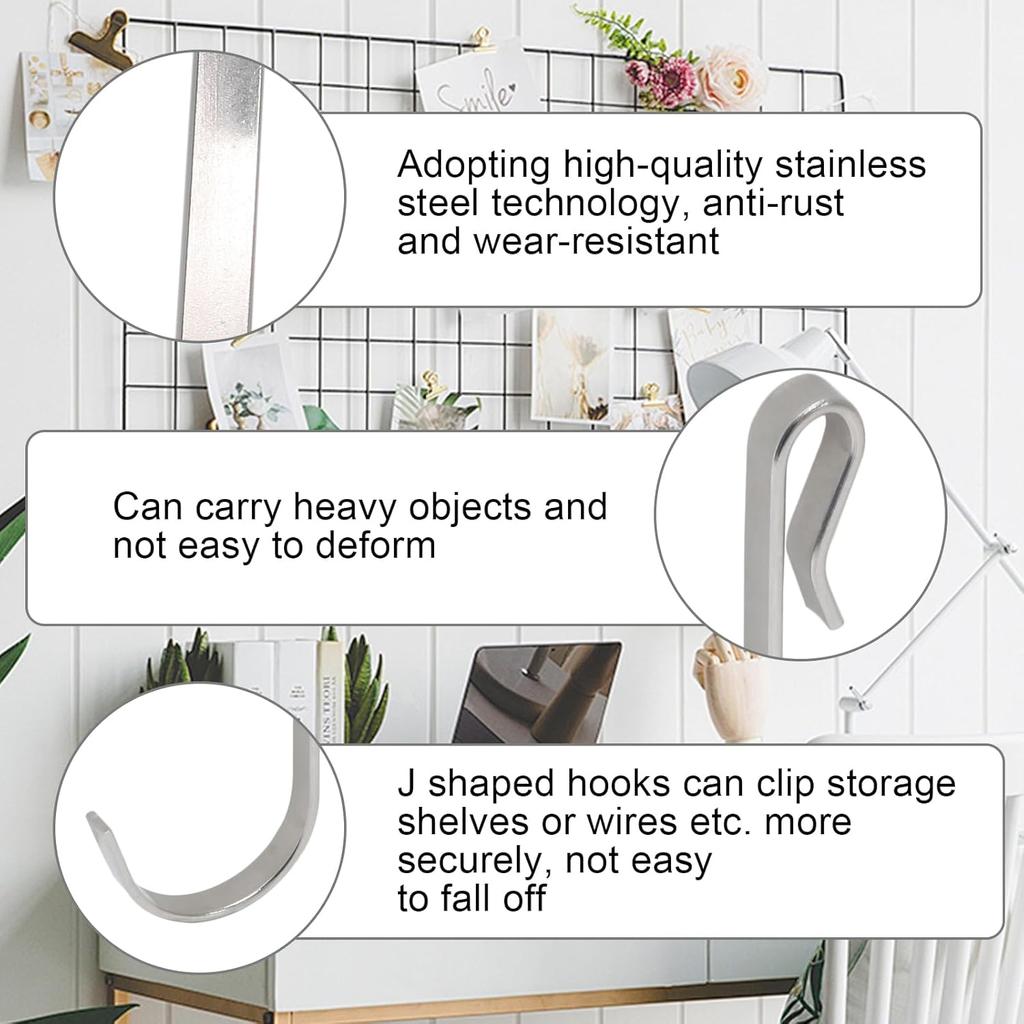 20 Pcs J Shaped Hook, Snap On Hooks Stainless Steel j Hooks for Wire Shelving Display Kitchen Bedroom Office(Silver)