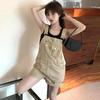 Women's Khaki Jeans High-Waisted Casual Overalls - Rolled-Up, Loose-Fit Strap Jumpsuit Shorts