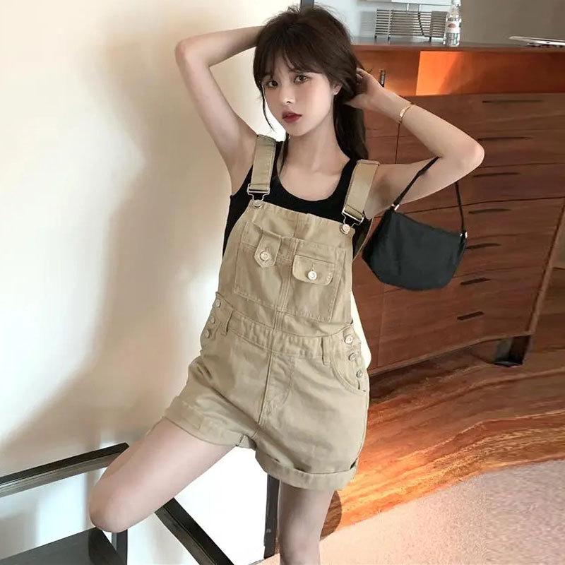 Women's Khaki Jeans High-Waisted Casual Overalls - Rolled-Up, Loose-Fit Strap Jumpsuit Shorts