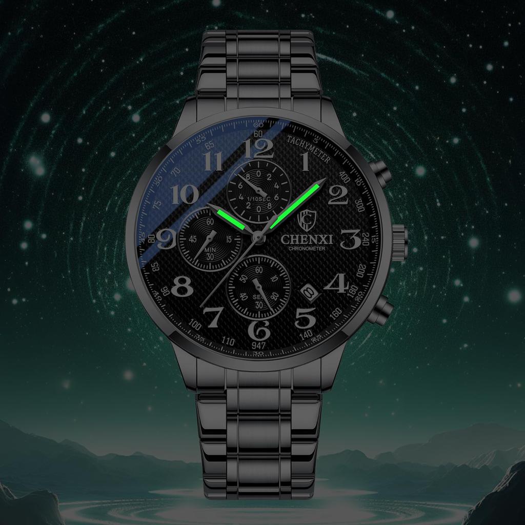 Men's Watch with Stopwatch, Analog Display, Silver: Luminous, Calendar, 3ATM Water Resistant, Stainless Steel, Quartz Movement, Suitable for Leisure,