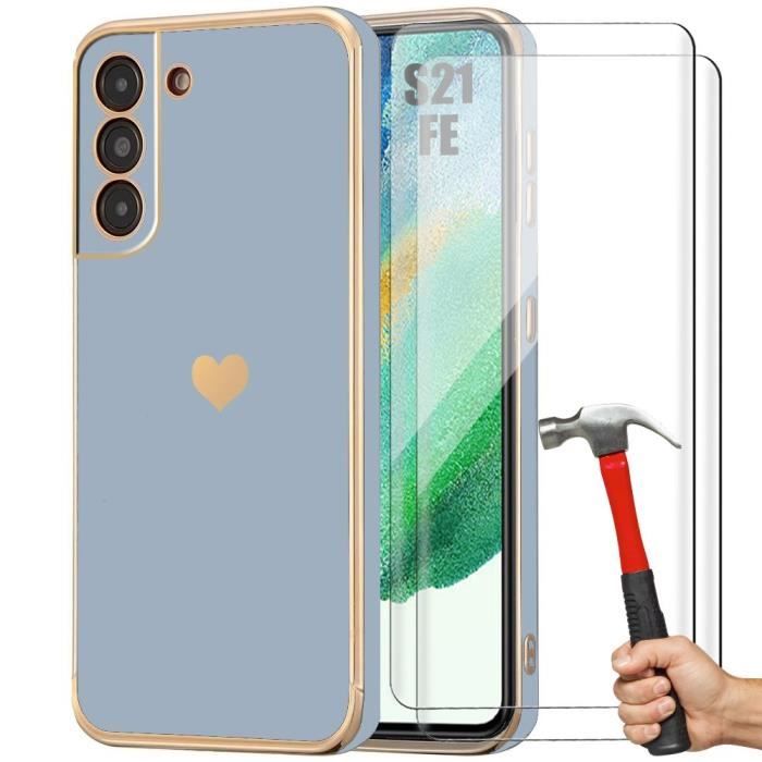 Coque - Booling - pour Samsung Galaxy S21 FE - Antichoc en Silicone - 2 Verres Trempés - Motif Cœur Doré