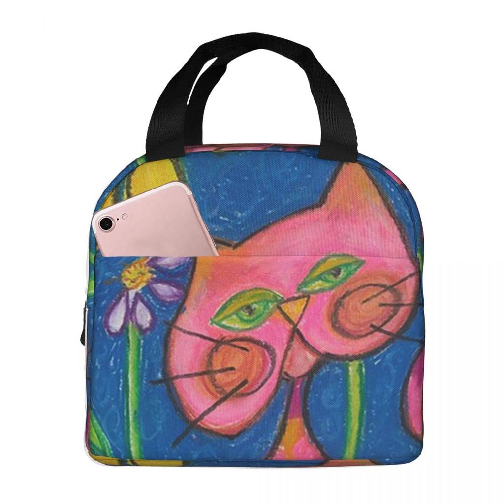 Abstract Colorful Floral Cat Oil Painting Insulated Lunch Bag for Women Children Leakproof Food Boxes Thermal Lunch Box Tote