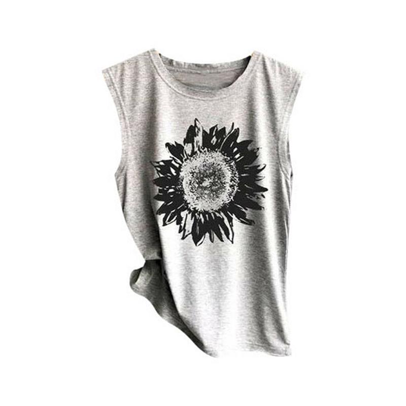 

Sleeveless Women Casual Tops Sunflowe Print Shirt Casual Loose Tank Top XL серый