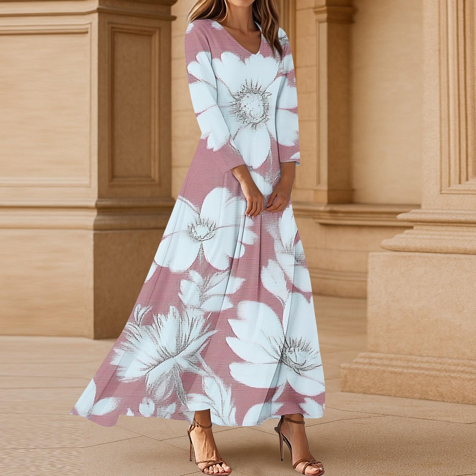 

Жіноча повсякденна максі А-силуету пляжна сукня з V-подібним вирізом і рукавом 3/4 з квітковим принтом XL кавун червоний колір