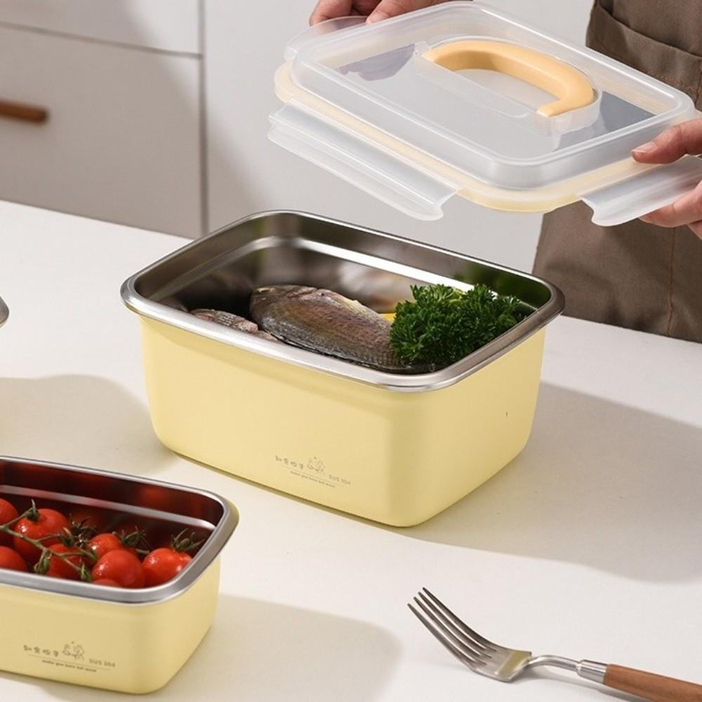 

Square Stainless Steel Lunch Box Cream Style Fridge Food Box Vegetable Crisper Picnic White-S