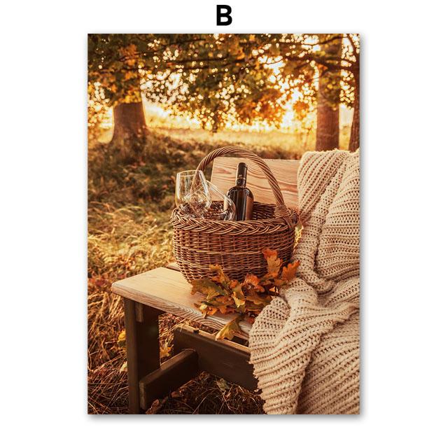 Autumn River Forest Pumpkin Coffee Squirrel Landscape Posters And Prints Wall Art Canvas Painting Pictures For Living Room Decor