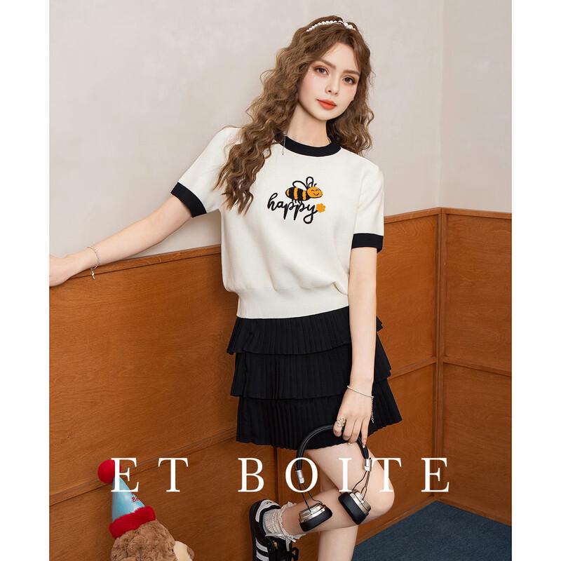 Cartoon Bee Embroidered Round Neck Summer T-Shirt One Size