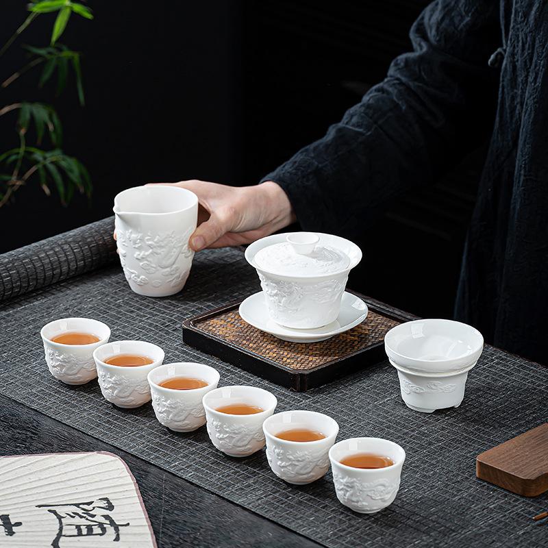 Light luxury suet jade white porcelain relief tea set business office teapot cover bowl