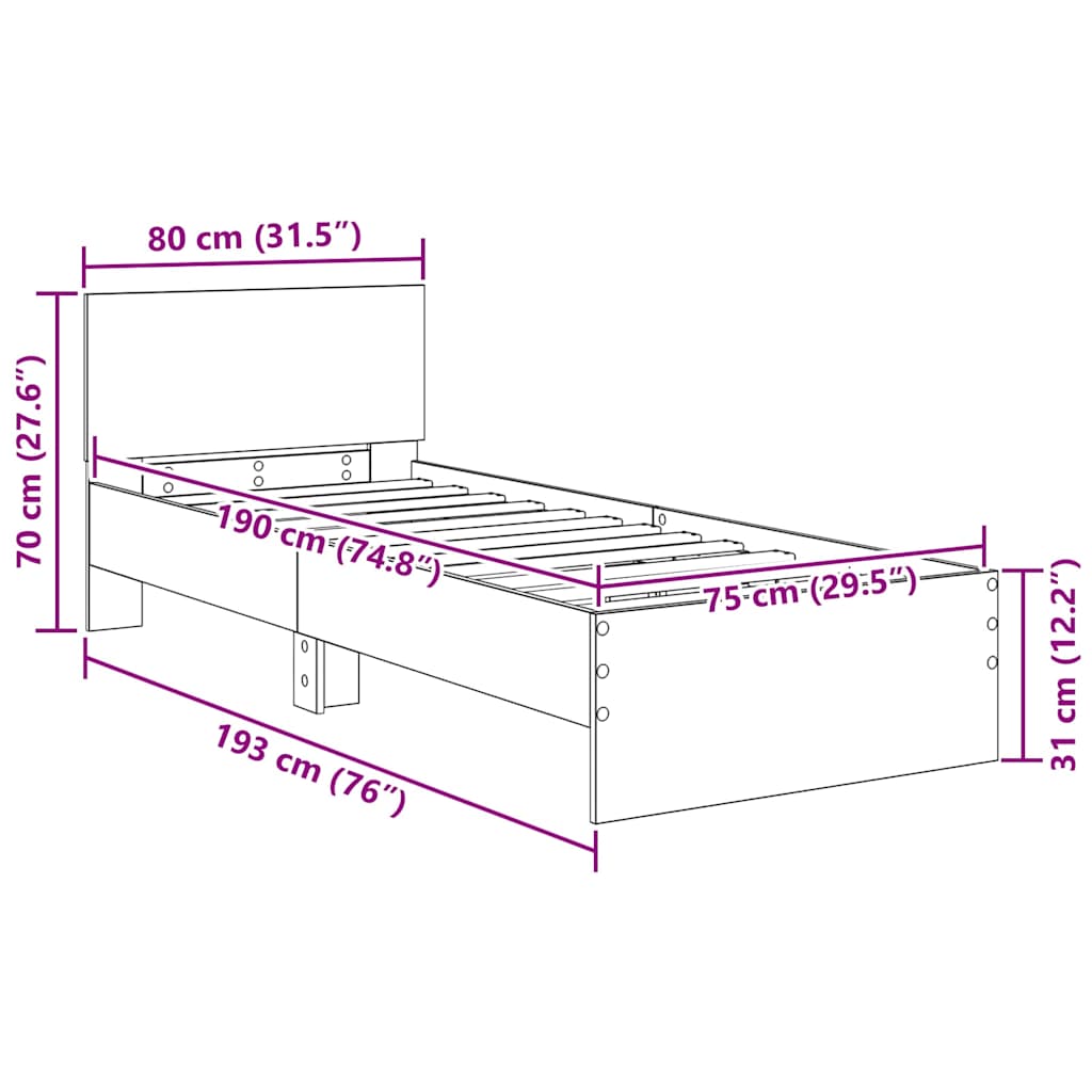 LED Bed Frame with Headboard Reclaimed Wood Look 75 x 190 cm Engineered Wood