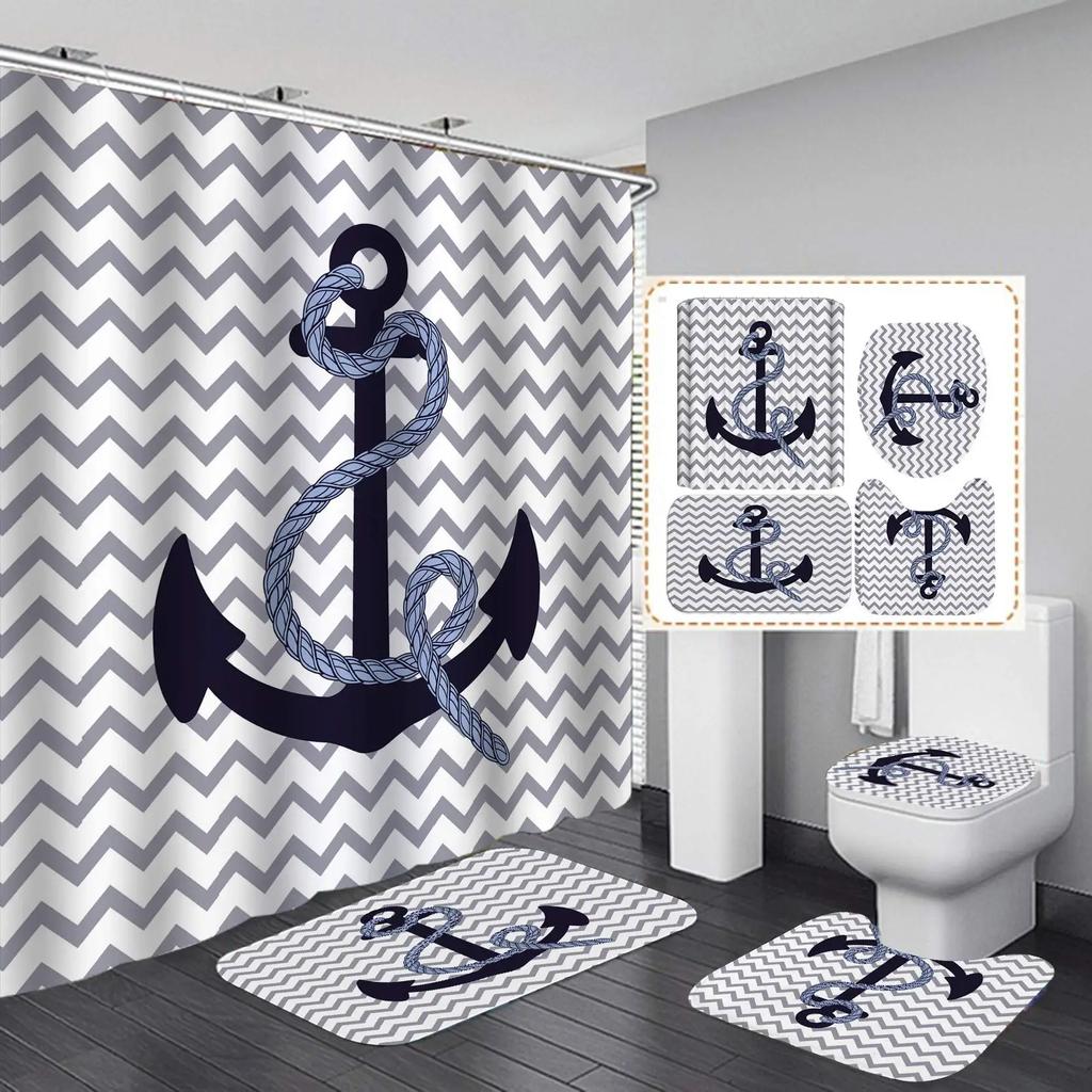 Anchor Shower Curtain Sets Non-Slip Rug Toilet Lid Cover Bath Mat Nautical Anchor Rustic Wood Waterproof Bathroom Curtains Set