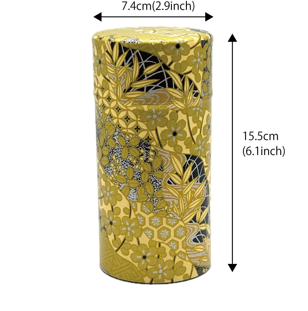 Noguchi Kumataro Tea Garden Tea Large Capacity with Washi Paper Cover and Inner Golden Made in Stylish Caddy, 200g, Lid, Design, Japan,