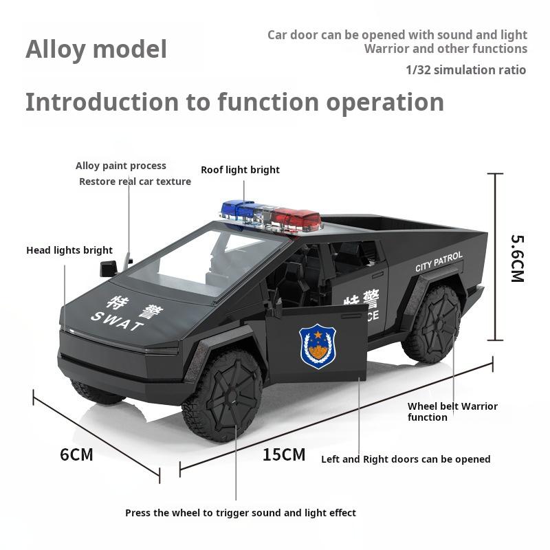 1:32 Tesla Pickup Police Car High Simulation Diecast Metal Alloy Model Car Sound Light Pull Back Collection Kids Toy Gifts