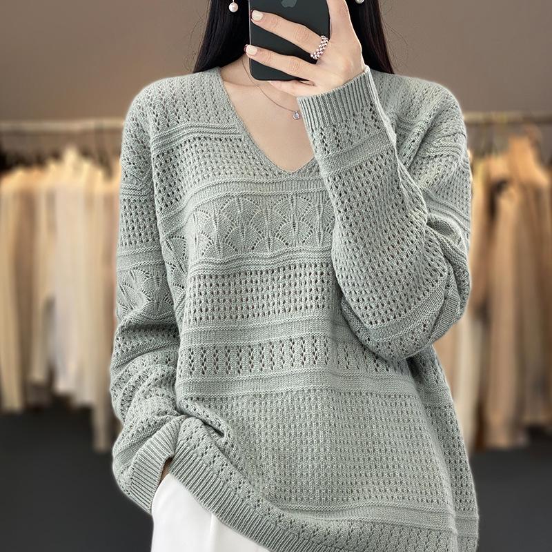 2023 Women's Pure Cashmere V-Neck Knitted Sweater: Loose, Hollow, Autumn/Winter Wool Pullover