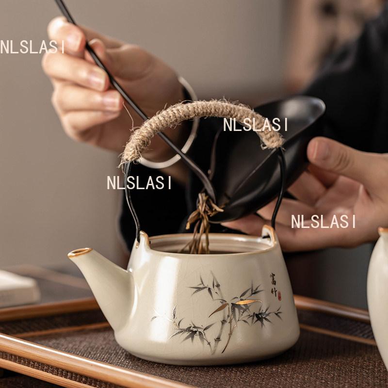 Ru Kiln Lifting Pot Ceramic Household Small Capacity Teapot Chinese Bamboo Tea Set Underglaze Color Drinking Tea in The Office