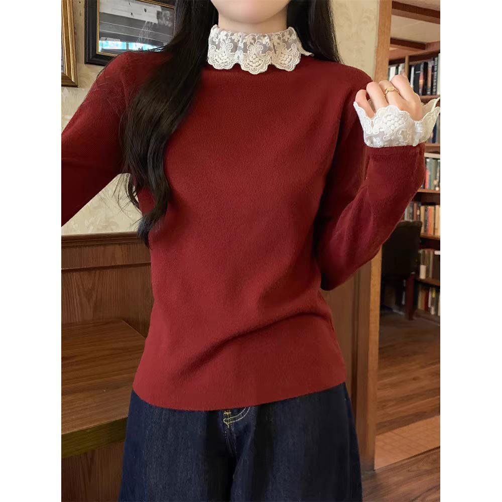 Korean Style Lace Patchwork High Neck Slim Fit Base Layer Top for Spring/Autumn 2026