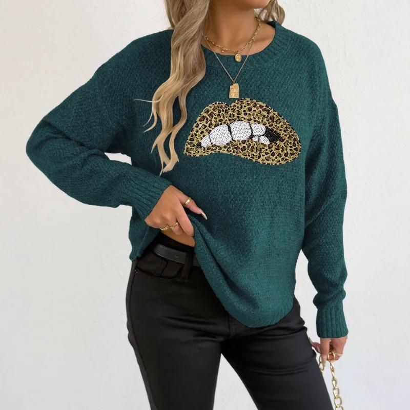Women's Leopard Print Embroidered Sequin Lips Personalized Crew Neck Pullover Sweater