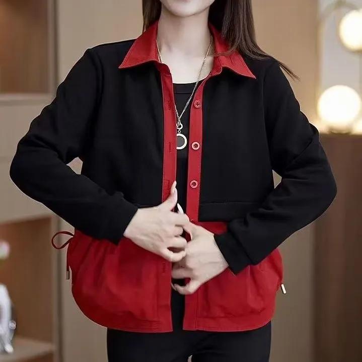 

Women s Fashion Temperament Splicing Long-Sleeved Blouses - Spring Autumn Casual Loose Shirt-Style Jacket Tops XXXXL красный