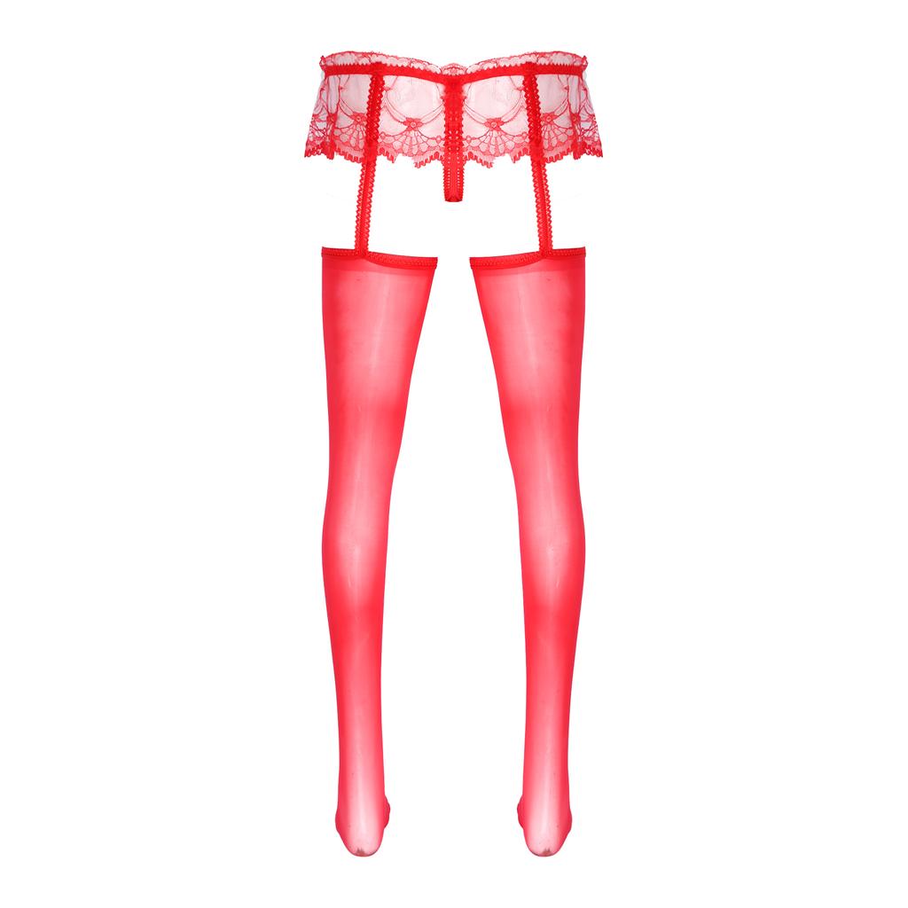 Pánské průsvitné krajkové kalhotky se sukýnkou, vykrojené, s vypouklou kapsou, G-string s lesklými podvazky