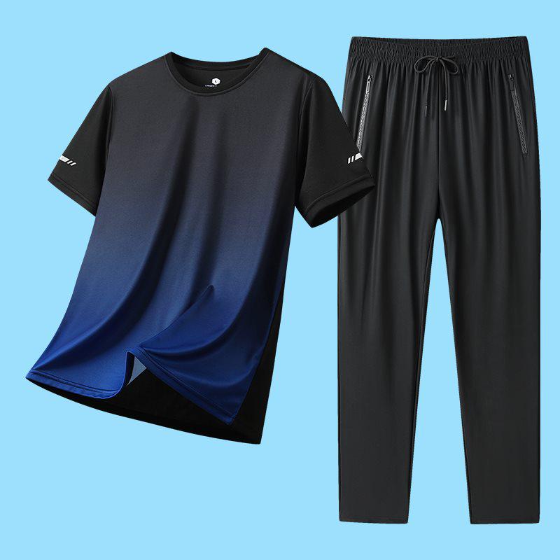 2026 Summer Men's Ice Silk Casual Sports Set: Round Neck Short Sleeve & Long Pants