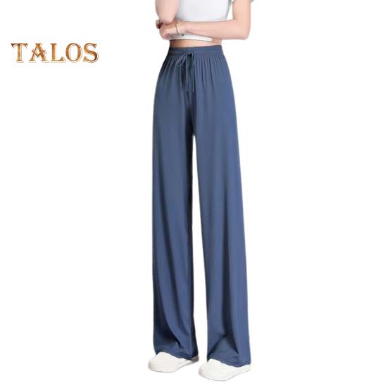 

Женские брюки, эластичные повседневные брюки с высокой талией и регулируемым шнурком, однотонные свободные брюки с широкими штанинами, летние тонкие длинные брюки L синий