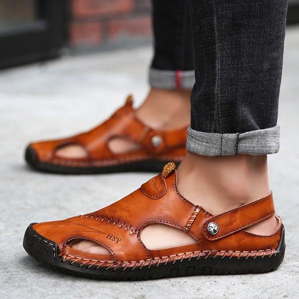Men's Fashion Casual Shoes Genuine Leather Sandals Outdoor Flat Shoes Beach Sandals Breathable Loafers Plus Size 38-48