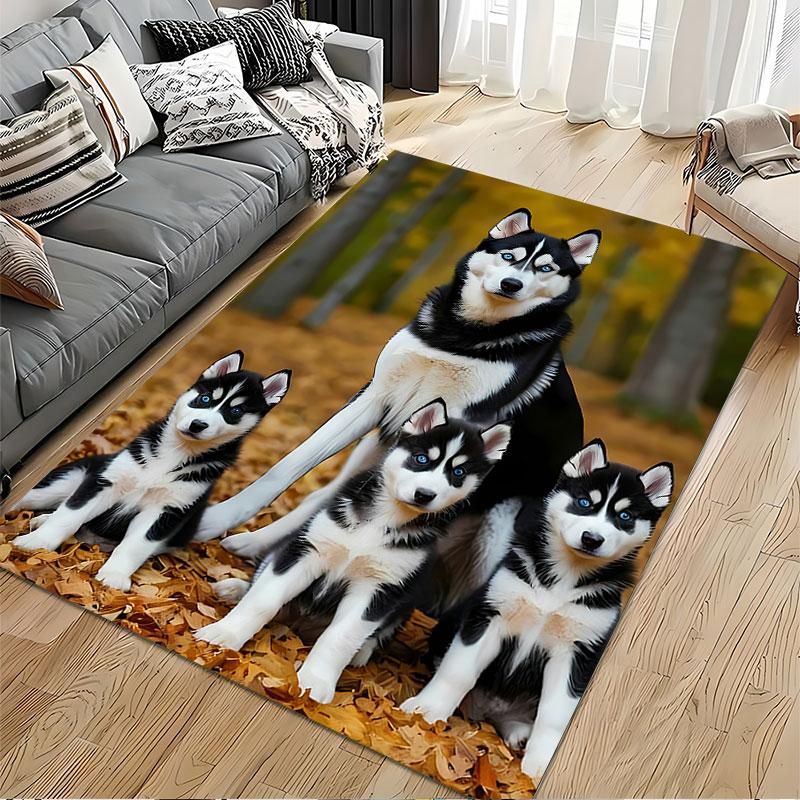 Husky Family in Autumn Forest suitable as a non-slip mat for the living room or bedroom sofa