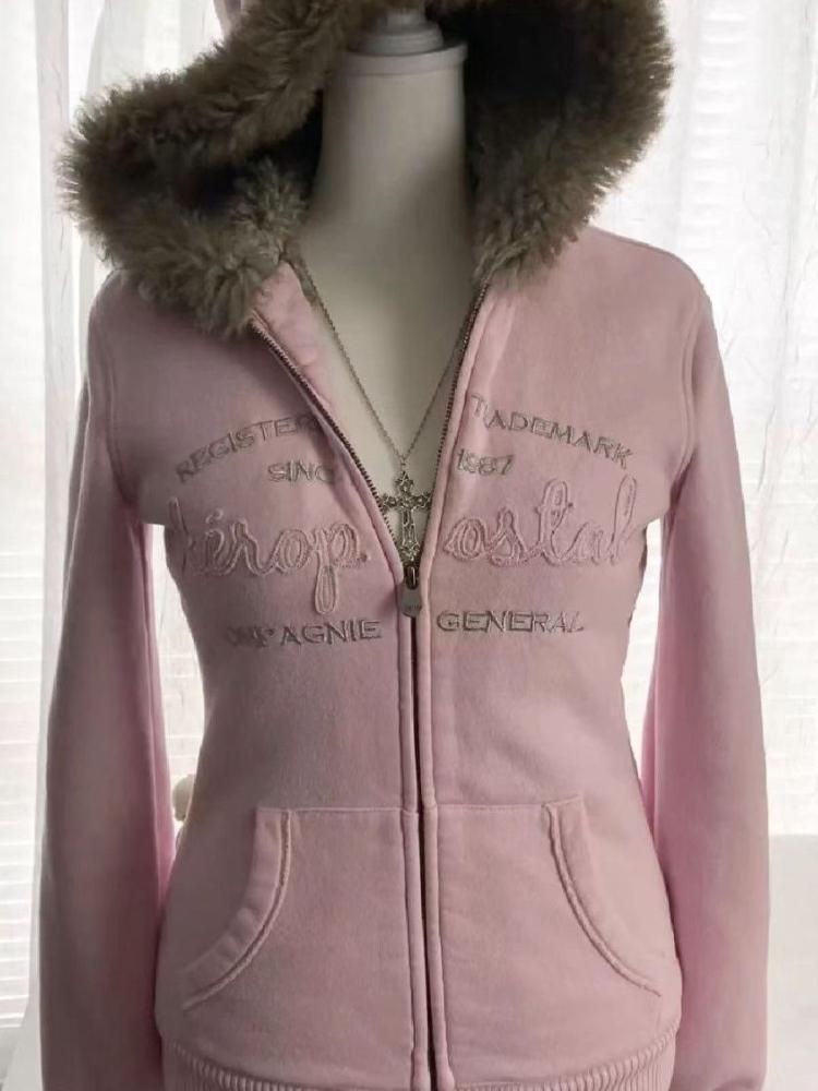 

Урожай лист хутряний комір з капюшоном светр осінь-зима блискавка Y2K ретро флісова куртка Harajuku вишивка плюшеві темні моди синій