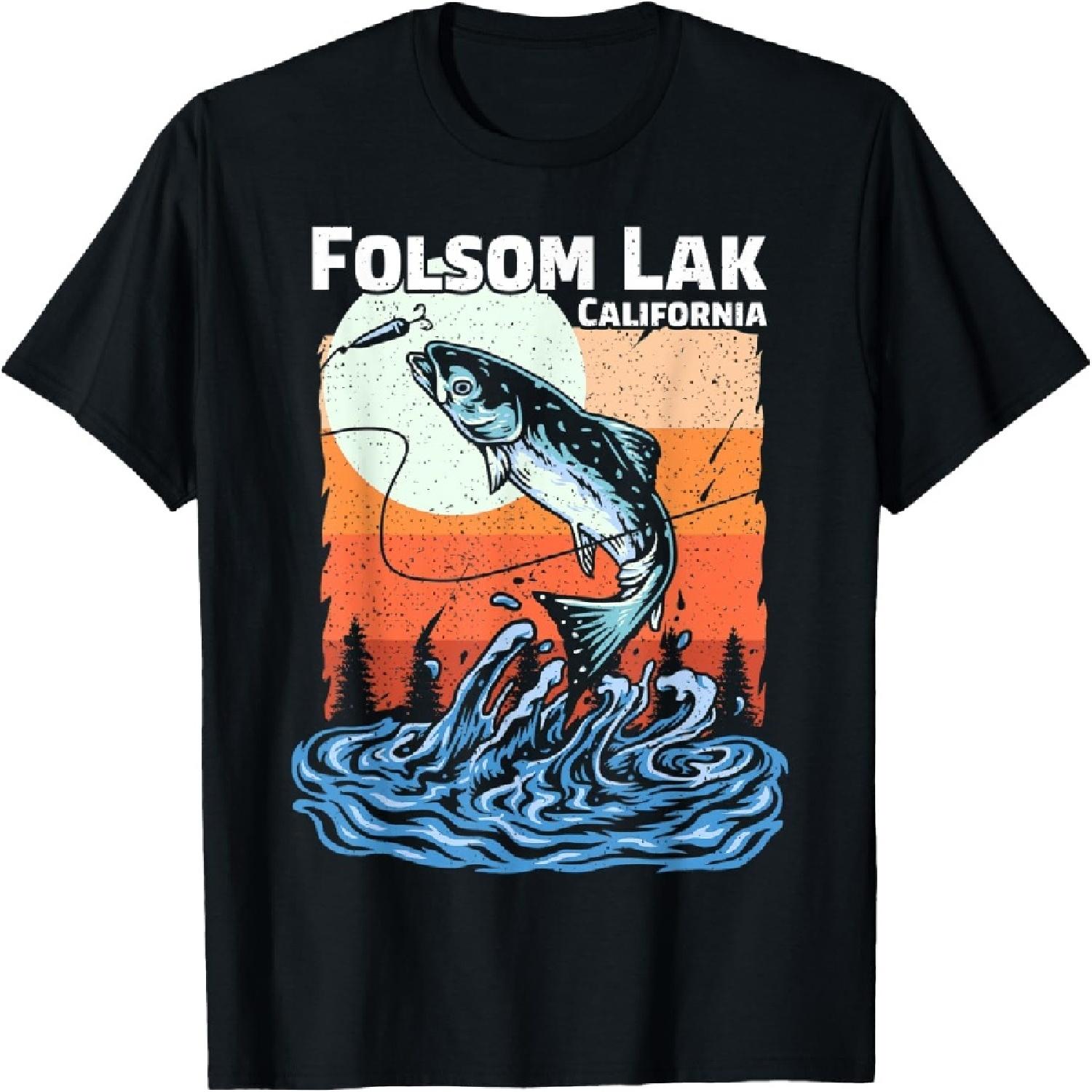 Summer Fishing Retro Sunset California Folsom Lake T-Shirt S