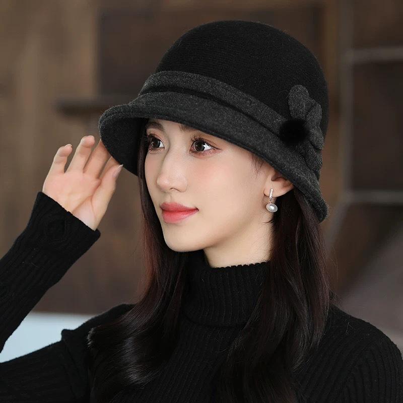 Woolen Bucket Hat Women's Autumn and Winter Warm Elegant British Retro Basin Hat Top Hat Winter Hat for Women