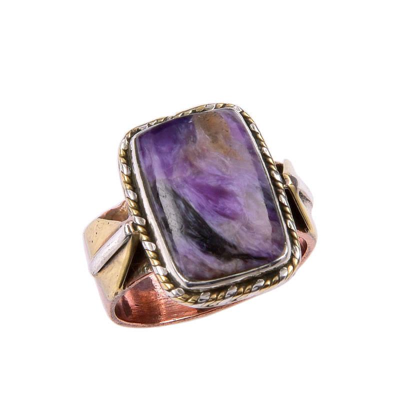 Natural Charoite Gemstone 925 Solid Sterling Silver Gift Two Tone Ring S.6 a4c14