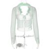 2022 Women Feather Fur Mesh Lace Up Backless Long Sleeve Cut Out Shirt Slim Sexy Party Club Streetwear Summer Y2K Crop Top