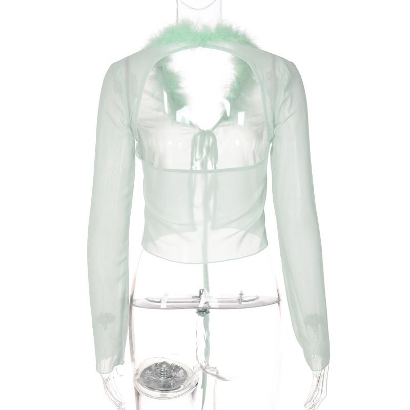 2022 Women Feather Fur Mesh Lace Up Backless Long Sleeve Cut Out Shirt Slim Sexy Party Club Streetwear Summer Y2K Crop Top