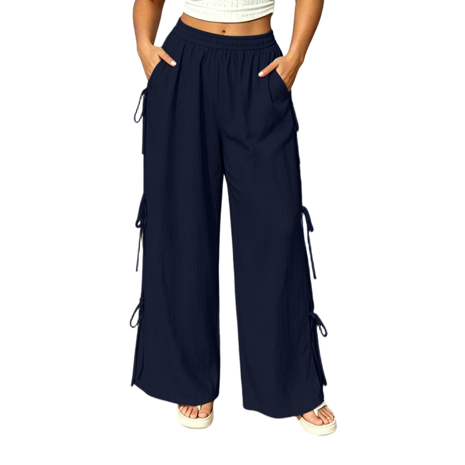 Women s Casual Loose Fit High Waist Pants with Pockets, Cotton Linen Trousers S