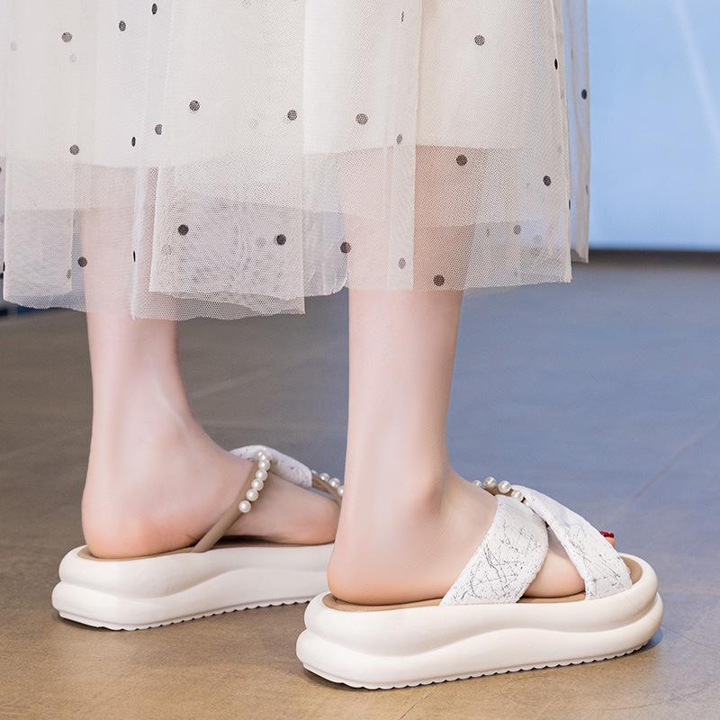 Thick-bottomed Fairy Style Slippers Female Outer Wear 2025 Summer New Fashion Pearl Muffin Cool Slippers Female Tide