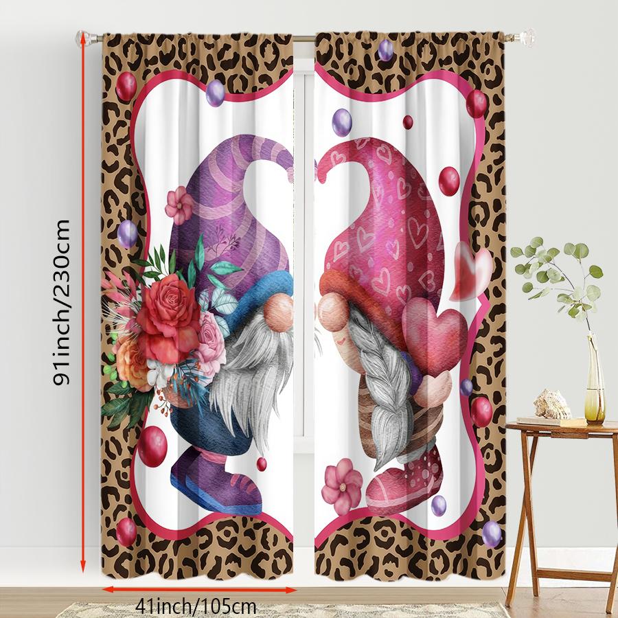 2PCS Leopard Print Heart-shaped Gnome Curtains   Sweet and Cool Style   Bedroom and Living Room   Decorative with Drawbar Pockets