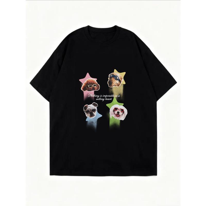 White Oversized T Shirt With Dog Faces And Stars Print For Casual Wear