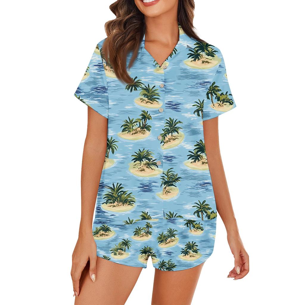 Women's Ice Silk Pajamas Button Homewear Hawaiian Print Short Sleeve Satin Pajama Set