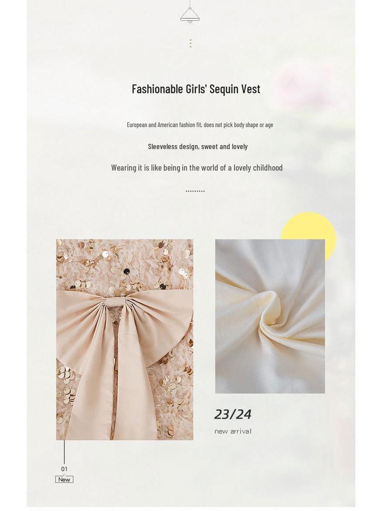 Baby Girl's Fluffy Sequin Bow Vest Dress - Korean Style Spring Party Princess Outfit