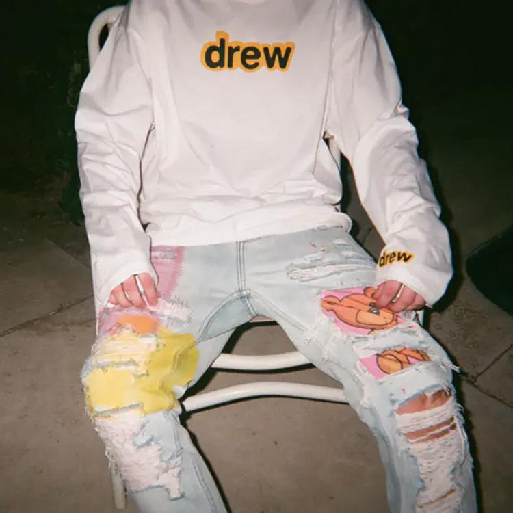 Drew House Smiley Collection Jeans Unisex Bleached Indigo Moderate Ripped Pants DR-SS20-013