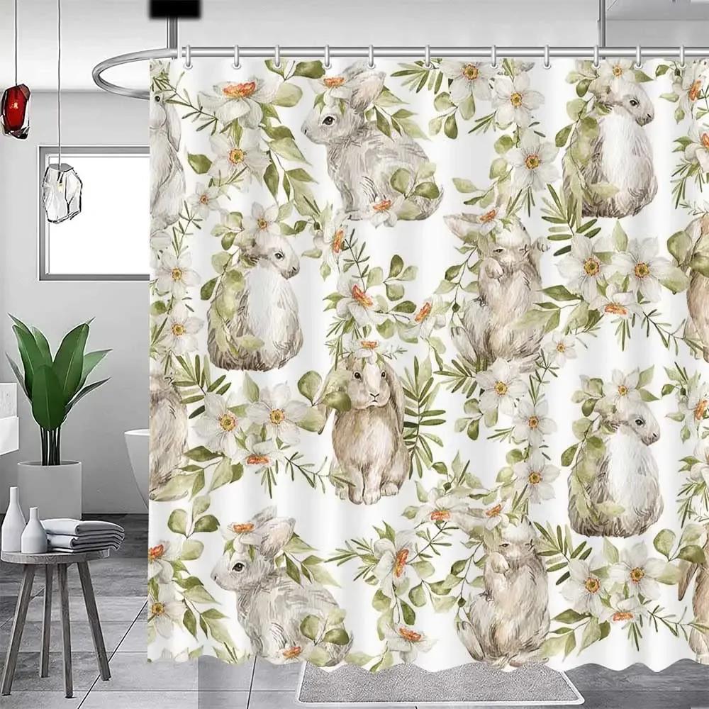 Happy Easter Bunny Shower Curtain Funny Rabbits Pink and Blue Eggs Bath Curtain Polyester Fabric Waterproof Bathroom Curtain Set