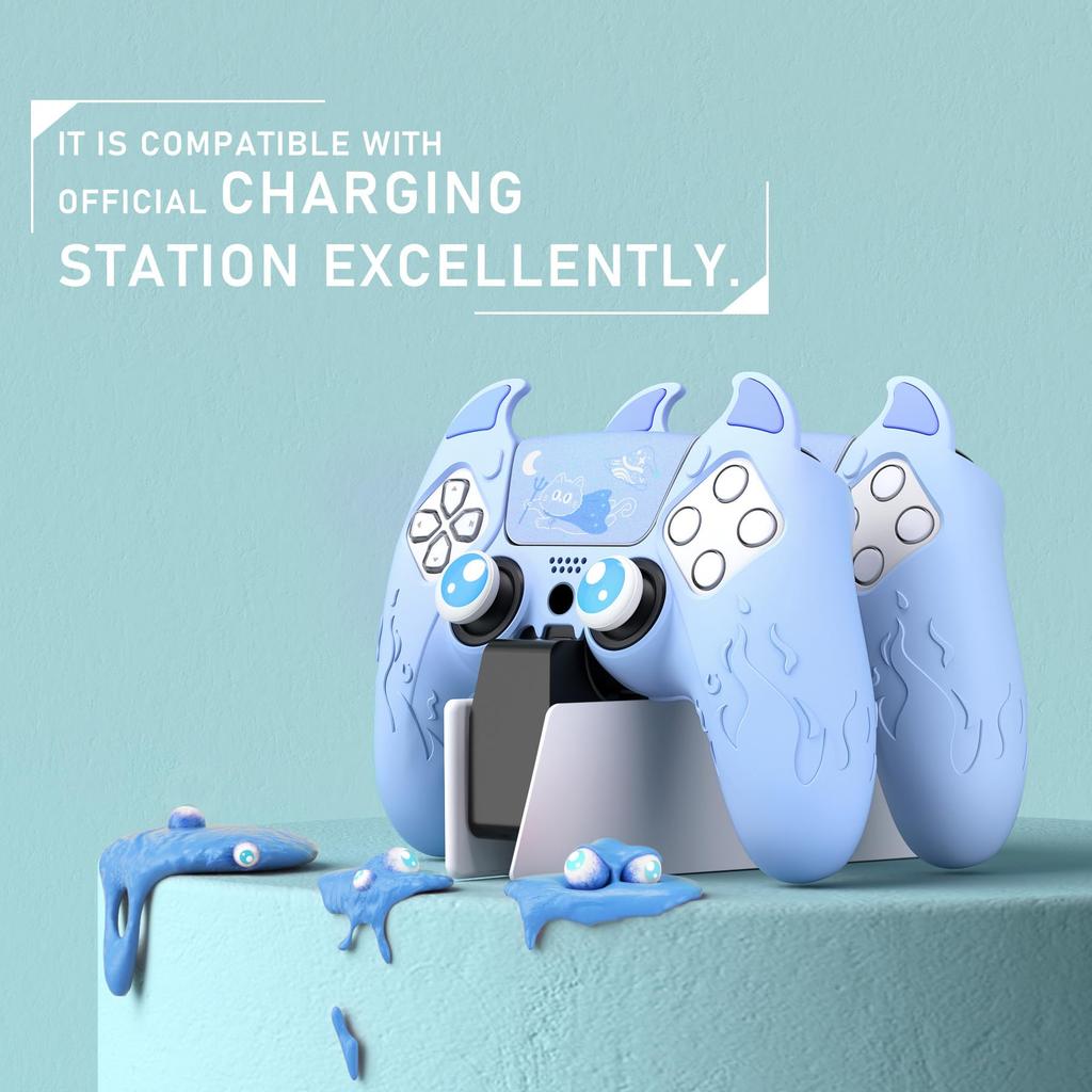 PlayVital Silikonhülle für PS5 Niedliche Controller-Hülle Skin-Schutz mit Daumengriffkappen Touchpad-Aufklebern Controller, (Dämonenstil) & [Babyblau]